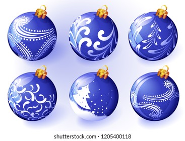 Christmas and new year blue decorated glass ornamental balloon vector set.