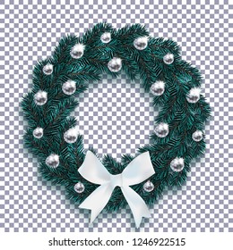 Christmas, New Year. Blue fir branches in the shape of a Christmas wreath with balls with a pattern and a white bow. On a checkered background with a shadow. Vector illustration