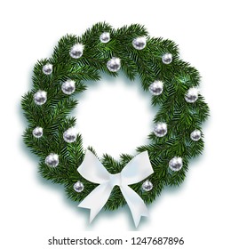 Christmas, New Year. Blue fir branches in the shape of a Christmas wreath with balls and a white bow. On a white background with a shadow. Vector illustration