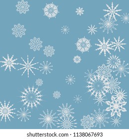 Christmas and New Year blue vector background with white snowflakes. Well suited for a Christmas card, banner or poster. EPS 10