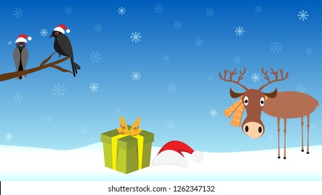 Christmas and New Year blue vector background with snowflakes and stars. Deer, gift box and birds