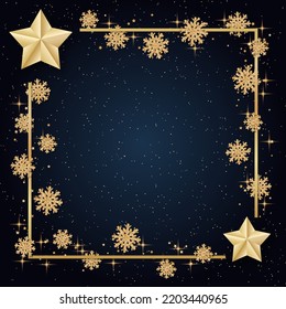 Christmas and New Year blue vector background with golden stars,  snowflakes and frame