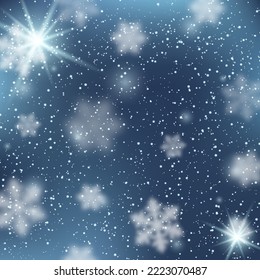 Navidad y Año Nuevo fondo vectorial azul con estrellas y copos de nieve borrosos