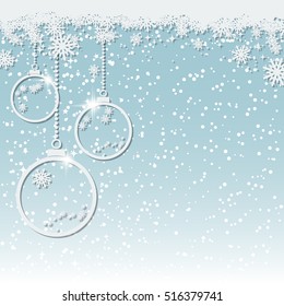 Christmas and New Year blue vector background with white paper balls, stars and snowflakes