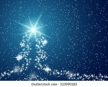 Christmas and New Year blue vector background with abstract shining fir tree contour