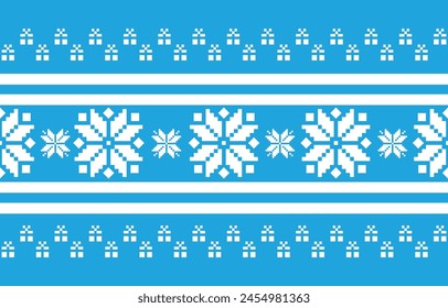 Christmas and New Year blue and white seamless pattern, fairytale pixel pattern in white and green with Nordic snowflakes for winter hats, ugly sweaters, jumpers. wallpaper, paper or other design