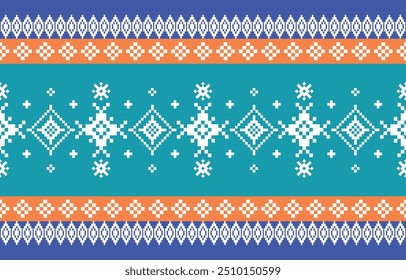 Christmas and New Year blue and white seamless pattern, fairytale pixel pattern in white and green with Nordic snowflakes for winter hats, ugly sweaters, jumpers. wallpaper, paper or other design