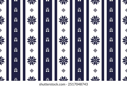 Christmas and New Year blue and white seamless pattern, fairytale pixel pattern in white and green with Nordic snowflakes for winter hats, ugly sweaters, jumpers. wallpaper, paper or other design