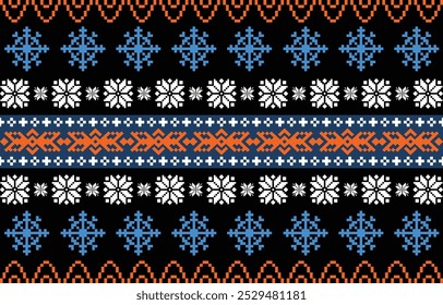 Weihnachts- und Neujahrsblau-weißes, nahtloses Muster, märchenhaftes Pixelmuster in Weiß und Grün mit nordischen Schneeflocken für Winterhüte, hässliche Pullover, Pullover. Tapete, Papier oder anderes Design