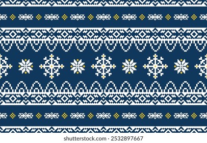 Christmas and New Year blue and white seamless pattern, fairytale pixel pattern in white and green with Nordic snowflakes for winter hats, ugly sweaters, jumpers. wallpaper, paper or other design
