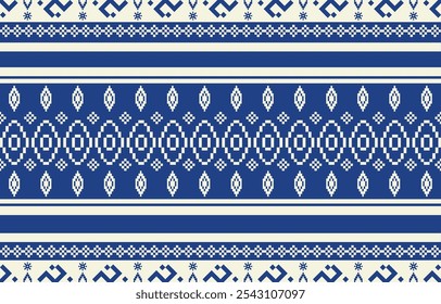 Christmas and New Year blue and white seamless pattern, fairytale pixel pattern in white and green with Nordic snowflakes for winter hats, ugly sweaters, jumpers. wallpaper, paper or other design