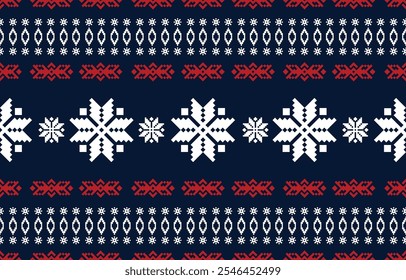 Christmas and New Year blue and white seamless pattern, fairytale pixel pattern in white and green with Nordic snowflakes for winter hats, ugly sweaters, jumpers. wallpaper, paper or other design
