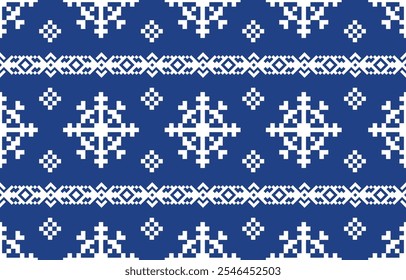 Christmas and New Year blue and white seamless pattern, fairytale pixel pattern in white and green with Nordic snowflakes for winter hats, ugly sweaters, jumpers. wallpaper, paper or other design