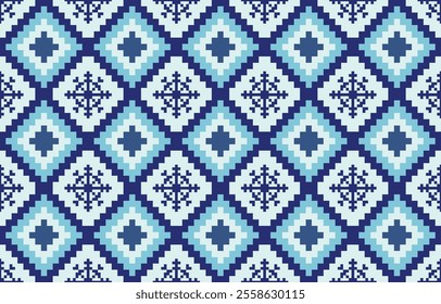 Christmas and New Year blue and white seamless pattern, fairytale pixel pattern in white and green with Nordic snowflakes for winter hats, ugly sweaters, jumpers. wallpaper, paper or other design