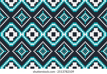 Christmas and New Year blueblack and white seamless pattern, fairytale pixel pattern in white and green with Nordic snowflakes for winter hats, ugly sweaters, jumpers. wallpaper, paper or other design