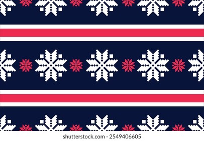 Christmas and New Year blue,red and white seamless pattern, fairytale pixel pattern in white and green with Nordic snowflakes for winter hats, ugly sweaters, jumpers. wallpaper, paper or other design