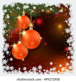 Christmas and New Year blurred background with fir branches and luxury balls