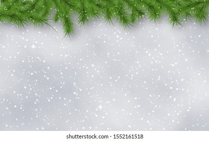 Christmas and New Year blurred vector background with stars, snowflakes and fir tree branches border