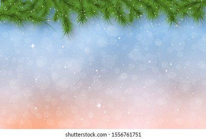 Christmas and New Year blurred vector background with stars, snowflakes and fir tree branches border