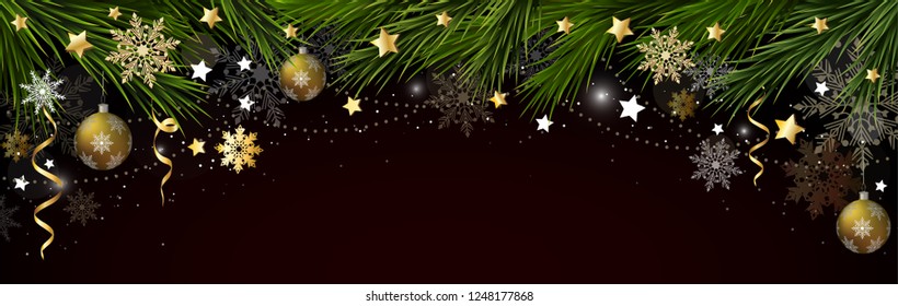 Christmas, New Year border with branches of a Christmas tree, snowflakes and stars. Vector illustration.
