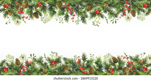 Christmas, New Year border with branches of Christmas tree, holly berries, cones and space for text. Christmas background. Vector illustration.