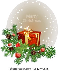 Christmas and New Year border of holly and spruce tree and holly red berries with gift. Merry Christmas and New Year border. Isolated vector illustration. New Year holiday celebration in December