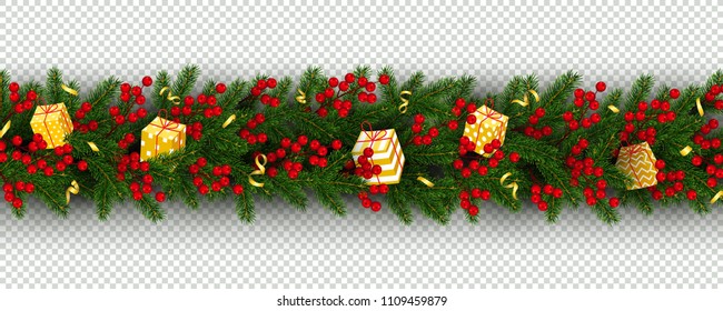 Christmas and New Year border of realistic branches of Christmas tree, holly berries and gifts Element for festive design isolated on transparent background Vector