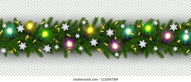 Christmas and New Year border of realistic branches of Christmas tree, garland, snowflake, serpentine Element for festive design isolated on transparent background Vector