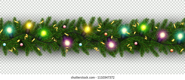 Christmas and New Year border of realistic branches of Christmas tree, garland, serpentine Element for festive design isolated on transparent background Vector