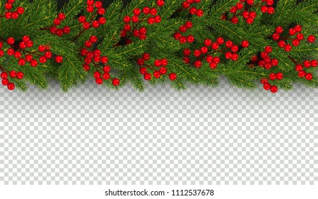 Christmas and New Year border of realistic branches of Christmas tree and holly berries Horizontal element for festive design isolated on transparent background Vector illustration