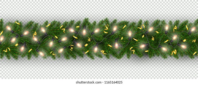 Christmas and New Year border of realistic branches of Christmas tree, garland light bulbs, serpentine Element for festive design isolated on transparent background Vector