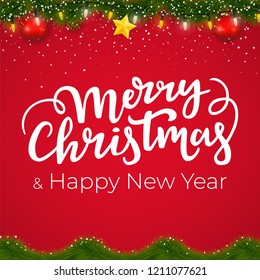 Christmas and New Year border with red background. Xmas card design with decorative elements and winter garland.