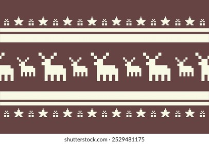 Christmas and New Year brown and cream seamless pattern, fairytale pixel pattern in white and green with Nordic snowflakes for winter hats, ugly sweaters, jumpers. wallpaper, paper or other design