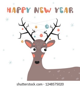 Christmas and New year brown deer postcard. Cute deer with horns decorated with garlands