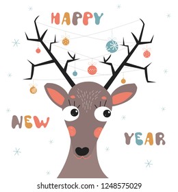 Christmas and New year brown deer postcard. Cute deer with horns decorated with garlands