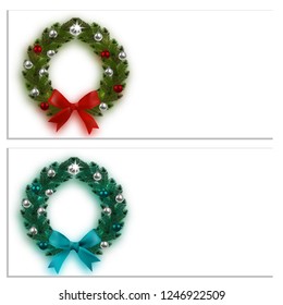 Christmas, New Year. Business cards, cards, invitations. Green and blue spruce branches in the form of two Christmas wreaths with balls and bows. On a white background. Vector illustration