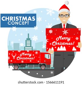 Christmas and New Year business concept. Detailed illustration of young businessman in the Santa Claus hat hold the box in hands on background with red delivery truck and cityscape in flat style.