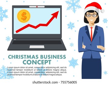 Christmas and New Year business concept. Businesswoman with computer. Up graph with dollar sign in flat icon design in laptop in flat style isolated. Vector.