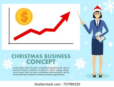 Christmas and New Year business concept. Businesswoman and graph with trend line rising up and coin with a sign of dollar in flat style isolated. Vector.