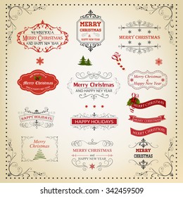 Christmas And New Year Calligraphic And Typographic Design Elements, Page Decoration, Labels, Symbols And Icons Elements