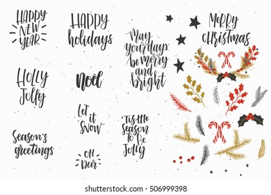 Christmas. New Year calligraphy, Christmas brush lettering vector background. set of isolated on white elements