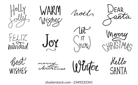 Weihnachten und Neujahr Kalligrafie-Satz Set. Feliz Navidad. Noel. Vektorschwarze Typografie einzeln auf weißem Hintergrund. Moderne handgezeichnete Schrift für Grußkarten, Poster, T-Shirts etc.
