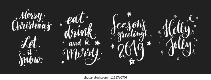 Christmas and New Year calligraphy phrases: Merry Christmas, Let it snow, Holly Jolly, 2018.  Modern lettering for posters, t-shirts, cards . Vector Hand drawn elements