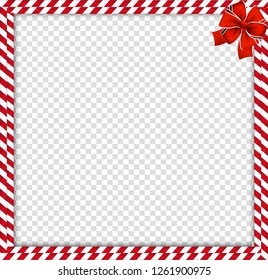 Christmas, new year candy cane photo frame with red and white striped lollipop pattern and festive bow in the corner isolated on transparent background. Xmas border. Vector illustration, template.