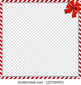 Christmas, new year cane photo frame with red and white striped lollipop pattern and festive bow in the corner isolated on transparent background. Holiday xmas border. Vector illustration, template.