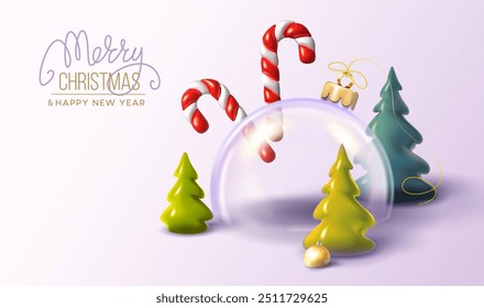 Navidades y fondo de la tarjeta del año Nuevo. Pino de Navidad para árboles exuberantes. Bastones de caramelo y bola de cristal. Composición de vacaciones de invierno brillante. Tarjeta de felicitación, Anuncio, cartel