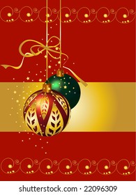  Christmas, new year card with balls and golden ribbons