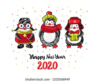 Christmas and new year card or banner. Cute cartoon penguins in winter clothes wish merry Christmas. Inscription Happy New year. 2020. Funny animal in vector. Doodle. Winter Christmas illustration.