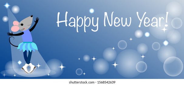 Christmas or new year card, banner for sale, advertising in vector. Cartoon mouse skating on ice. Winter sports. Figure skating.