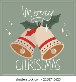 Christmas and new year card with christmas bells. Illustration with merry christmas lettering